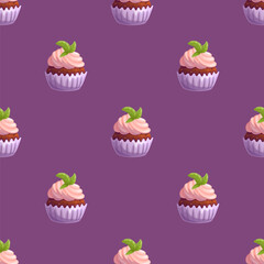 Seamless pattern with chocolate cupcake with pink cream. Vector illustration.