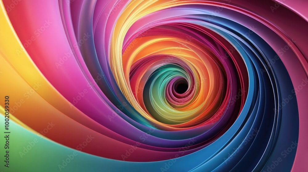 Poster abstract lines in rainbow colors swirling in a spiral pattern, creating a dynamic and energetic comp