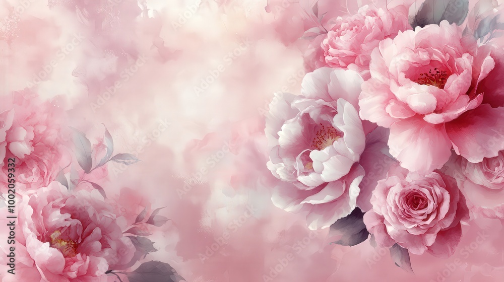 Sticker Soft Pink Floral Watercolor Background with Peonies