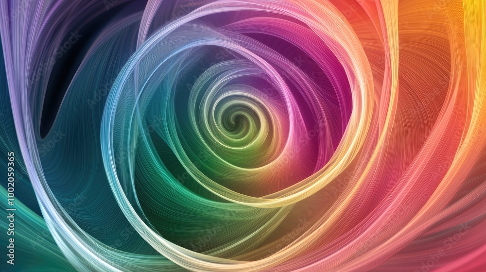 Poster abstract lines in rainbow colors swirling in a spiral pattern, creating a dynamic and energetic comp