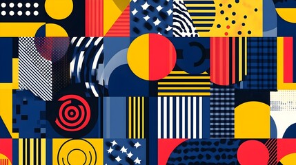 a colorful abstract pattern composed of various geometric shapes and designs. It features a mix of circles, stripes, squares, and other shapes in a vibrant color palette of red, yellow, blue, and blac