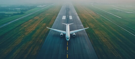 Airplane taxiing on runway towards takeoff.