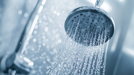 Fototapeta na wymiar Close-up of water streaming from a handheld showerhead in a modern glass-enclosed shower, with reflections creating a clean, sleek look -