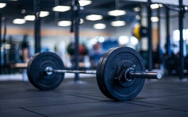Fototapeta premium A barbell rests on a black mat in a gym.