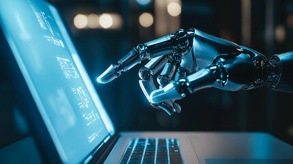 An AI robot hand touches a laptop keyboard. The concept of artificial intelligence integration, automation, and technological advancement. Generative AI.