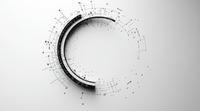 A minimalist, abstract circular timeline in black and white, using simple arrows and icons to represent the continuous cycle of historical events across different eras. Minimalism, Black and white