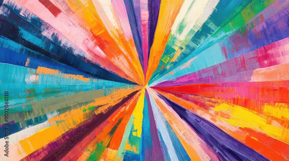 Poster colorful overlapping abstract lines radiating from a central point, creating a sunburst-like pattern