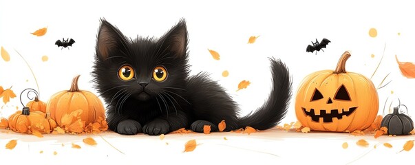 Obraz premium Cute black kitten with Halloween decorations, white background, playful and festive Halloween illustration