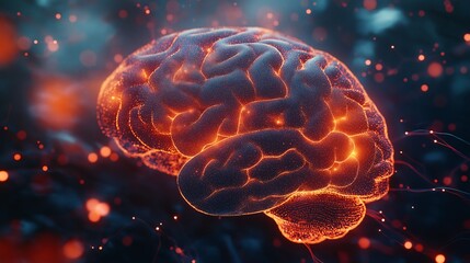 A 3D digital brain with interconnected nodes, each representing a search result, symbolizing AI-powered search engines.