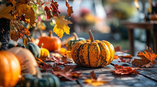 Embrace the cozy spirit of fall with vibrant foliage, charming gourds, and rustic touches, ideal for seasonal celebrations.