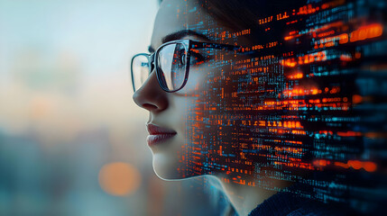 A thoughtful woman with glasses, reflecting digital data and innovation in a modern setting.