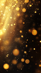 Vertical web banner, abstract gold black luxury background, bright shiny pattern, scattering of sparks, bokeh effect, fashionable and trendy design