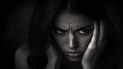 Portrait of a beautiful brunette woman with dark eyes and glamorous makeup, expressing a sadness