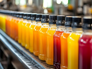 A vibrant display of colorful juice bottles in a factory setting, showcasing various fruit flavors ready for packaging.