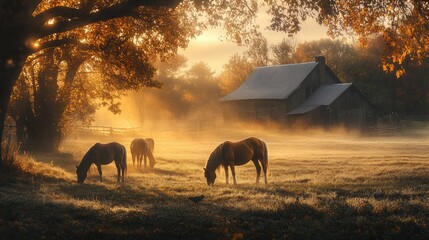 Naklejka premium Horses grazing in a misty pasture as the sun rises over a rustic farm, with golden light filtering through the trees and softening the landscape