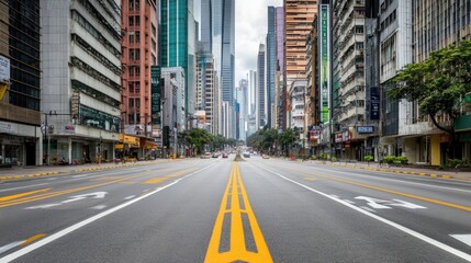 Fototapeta premium A wide, empty street in a city with tall buildings on both sides.