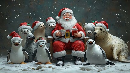 Santa Claus sitting with a polar bear, penguins, and seals, all wearing festive hats, enjoying hot cocoa in a snowy setting, cute cartoon style, vibrant holiday colors, playful and cozy expressions,