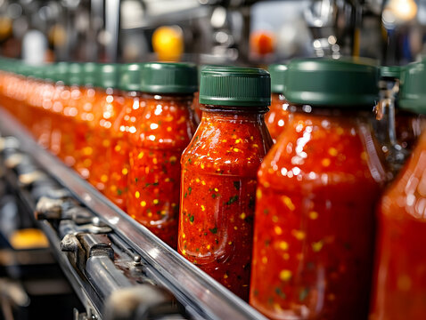 Production line of tomato sauce jars in a factory setting, showcasing food processing and packaging.