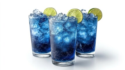 Three Glasses of Blue Refreshing Drink with Lime Slices and Ice