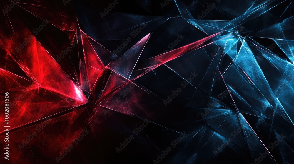 Poster sharp, angular abstract lines intersecting on a dark background, with glowing edges in red and blue,