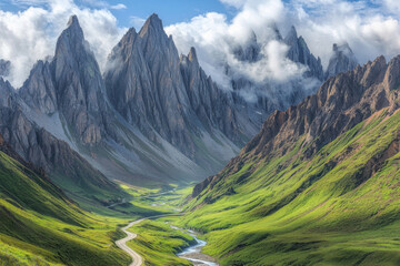 Obraz premium A breathtaking mountain landscape featuring towering peaks, lush green valleys, and a winding river under a cloudy sky.