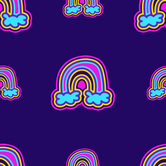 Colorful groovy hippie pattern with geometric rainbow shapes on blue background