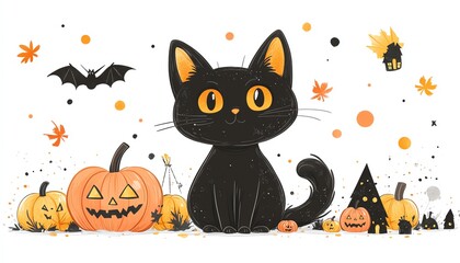Fototapeta premium Whimsical Halloween illustration of a black kitten, white background, with cute Halloweenthemed elements