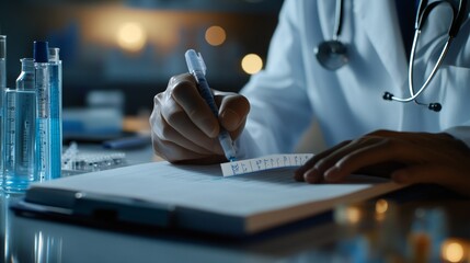 A close-up of a doctor writing down pH test results in a lab notebook while holding the pH strip.