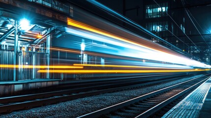 Sleek light trails of a moving train at night, creating dynamic, glowing lines across a dark, industrial setting
