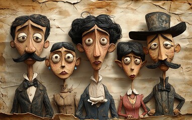 9 early 20thcentury Spanish figures in vintage caricature style