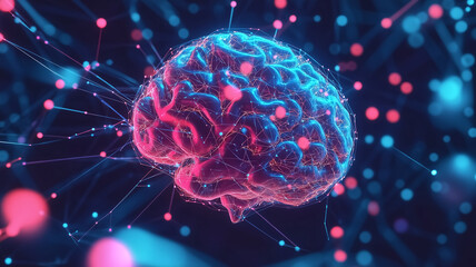 A vibrant digital representation of a brain, interconnected with glowing nodes and colorful particles, symbolizing neural activity and cognitive processes.