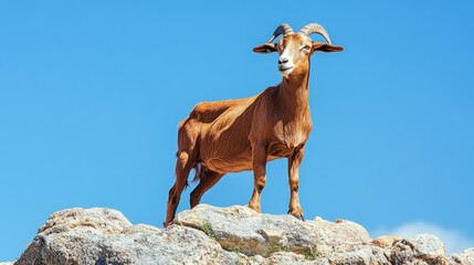 Obraz premium Portrait of an Anglo-Nubian goat standing on a rocky outcrop, its striking appearance set against a bright blue sky.