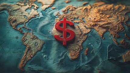 Red dollar sign symbolizing finance and global economy on a textured world map.