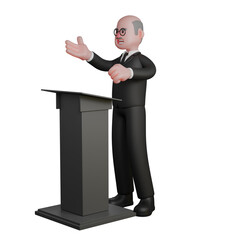 3D Male Judge Character in Action. A judge stands behind the podium with his right hand raised, as if he is presenting. Professional