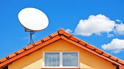 A white satellite dish mounted on the roof of a house with a blue sky and white clouds in the background.