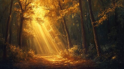 Obraz premium Sleek shafts of golden light breaking through a dark forest canopy, casting long shadows and creating a serene, magical ambiance