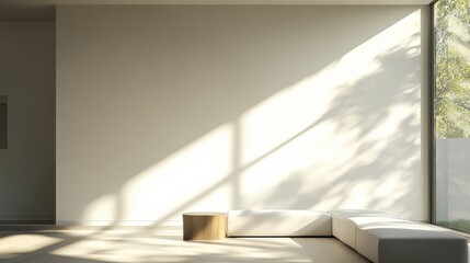Sleek, soft rays of natural light filtering through a minimalist window, casting long shadows across a modern living room