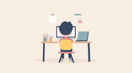 A young student focuses on their computer while surrounded by school supplies at a tidy desk