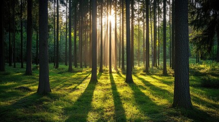 Obraz premium Sleek sunlight filtering through tall trees, casting soft, linear shadows across the forest floor in a calm, natural setting