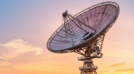 A large satellite dish against a sunset sky, used for communication and data transmission.