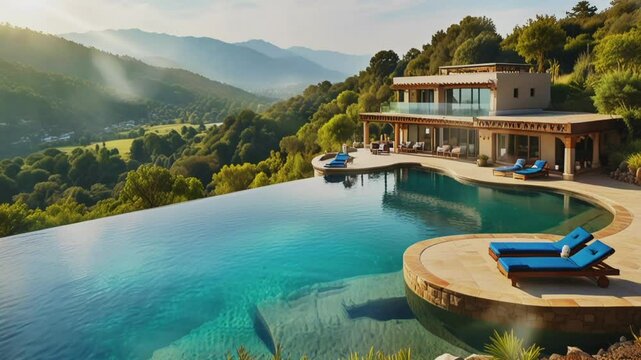 beautiful swimming pool with morning background.Seamless 4k time lapse virtual video animation background
