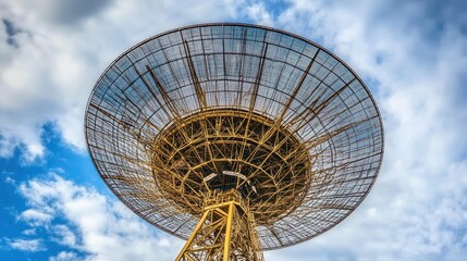 A large satellite dish structure against a cloudy sky, designed for communication purposes.
