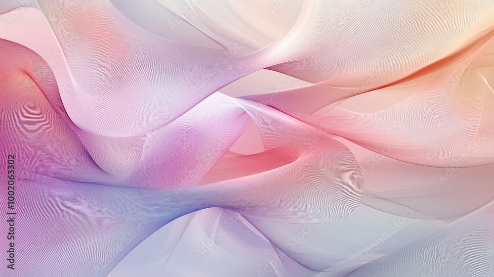 Poster soft abstract lines forming overlapping loops and swirls in pastel colors, creating a calming and el