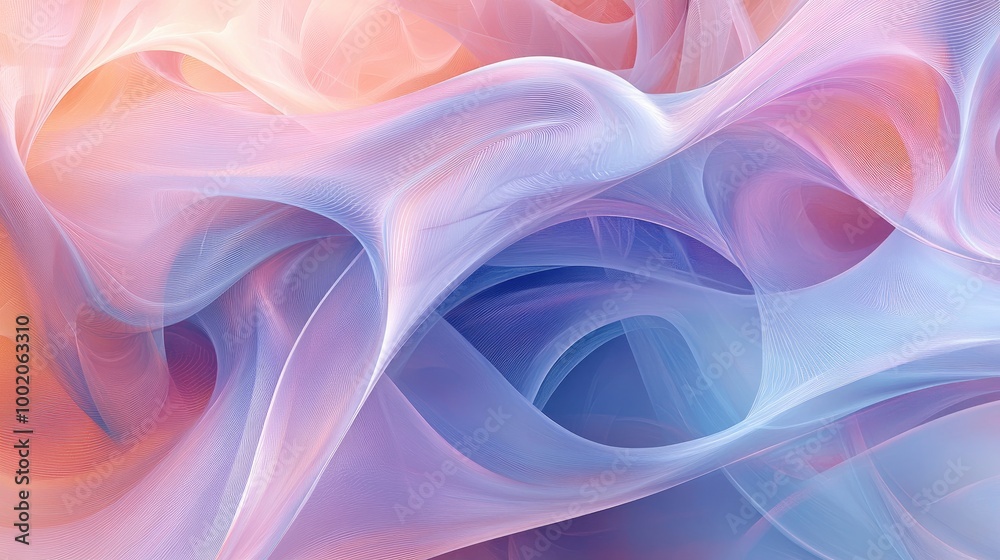 Poster soft abstract lines forming overlapping loops and swirls in pastel colors, creating a calming and el