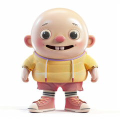 Obraz premium cheerful character with big head, smiling face, and oversized shoes, wearing yellow hoodie and pink shorts. This playful design evokes joy and fun