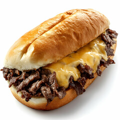 Delicious cheesesteak sandwich filled with savory beef and melted cheese, set against a white isolated background.