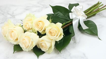 A luxurious bouquet of cream roses and white orchids wrapped in satin ribbon, resting on a marble countertop, realistic photo