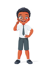 Young African American boy looking through a magnifying glass. Cartoon vector illustration.