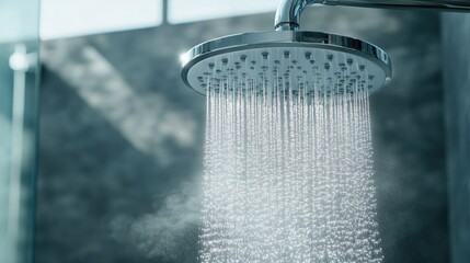Steaming water flowing from a chrome showerhead in a modern bathroom, with the condensation creating a soft blur on the glass shower door