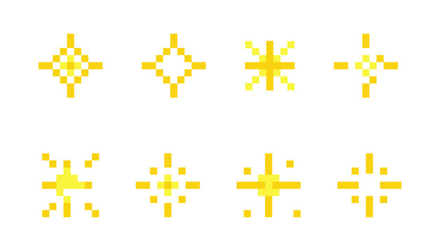 Pixel star retro 8 bit sparkle set. Shiny game pixel art effect set. Firework burst, space decoration. 90s aesthetics, y2k 